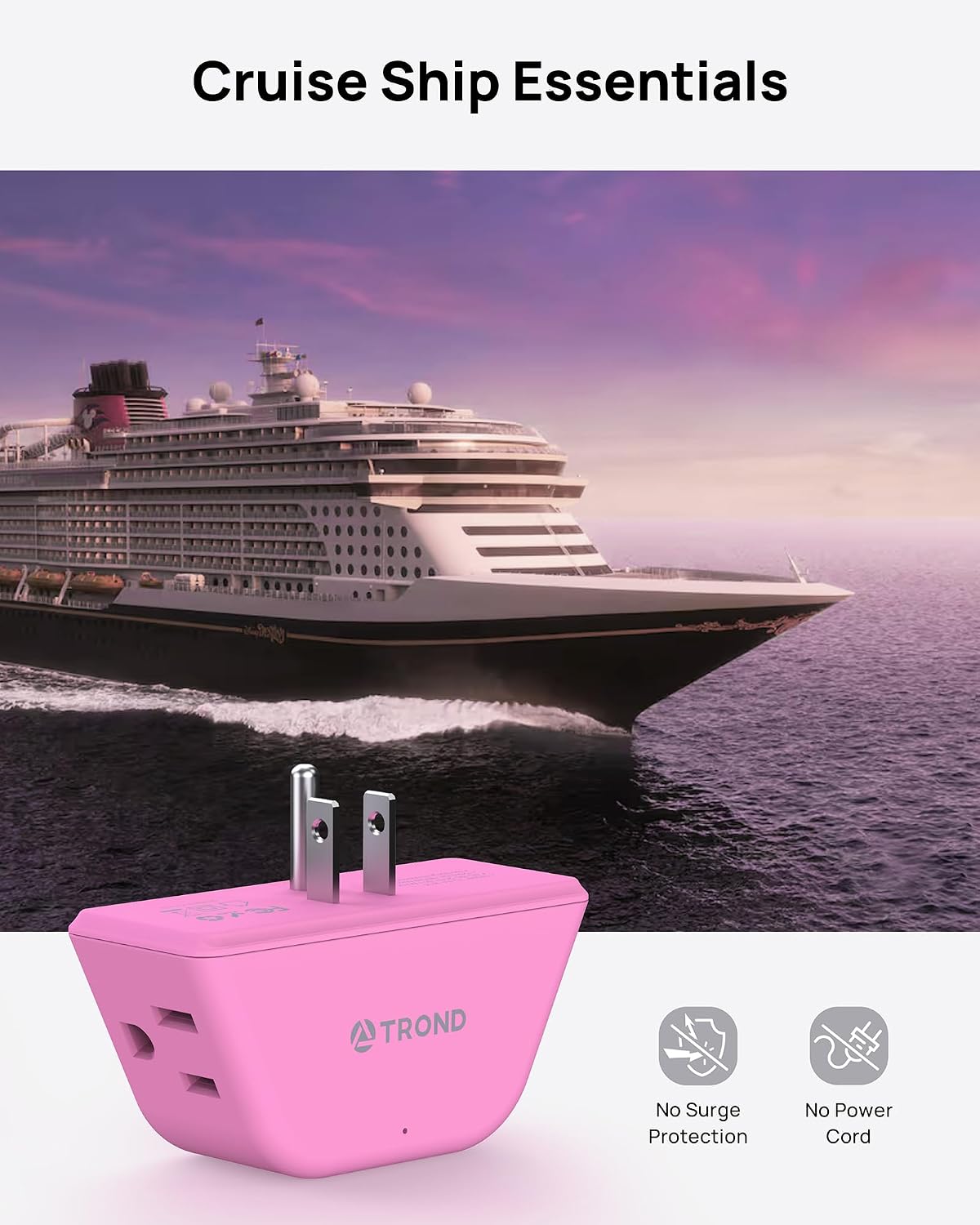 TROND Pink Outlet Extender with 3-Prong Grounded Sockets, for Tight Spaces