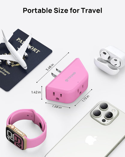 TROND Pink Outlet Extender with 3-Prong Grounded Sockets, for Tight Spaces