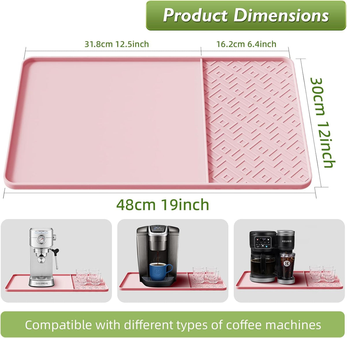 Silicone Coffee Mat with Raised Edges 19" x 12" – Waterproof Countertop Mat, Coffee Maker Pad, Espresso Machine Mat, Heat Resistant Dish Drying Mat
