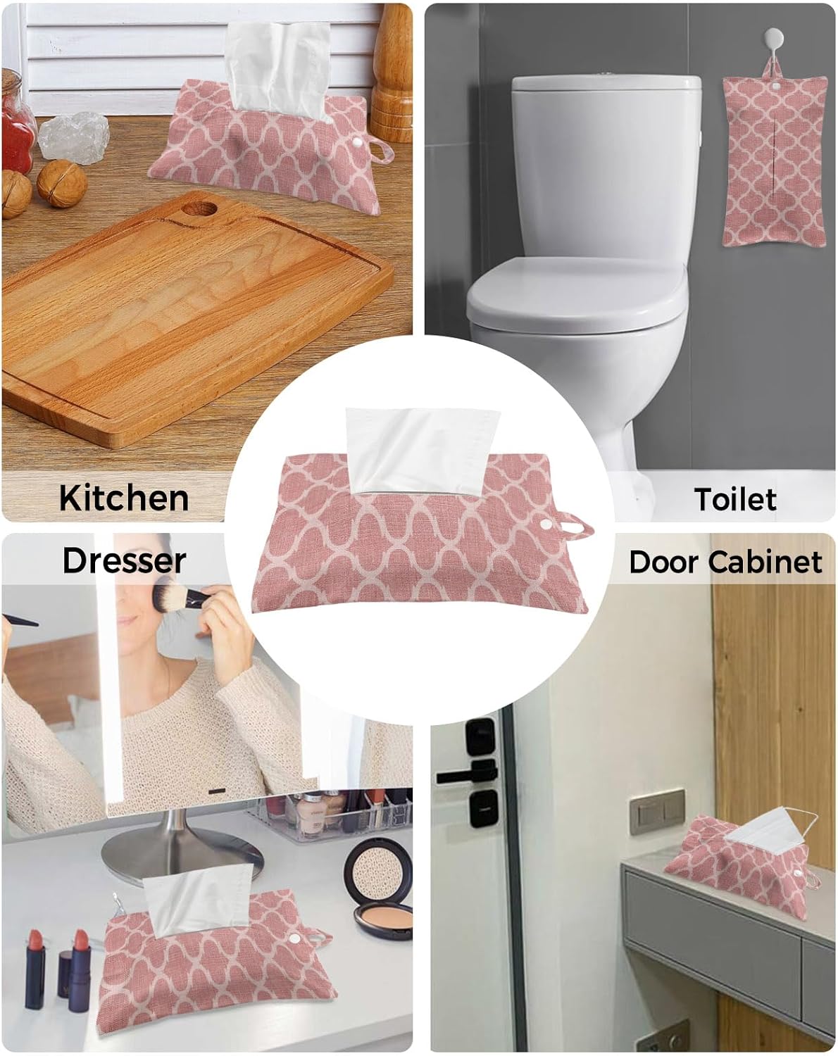 Tissues Box Cover Moroccan Texture Tissue Holder with Hanging Linen Organizer Dispenser Retro Peach Pink Linen Tissues Box Covers Rectangle for Bathroom Toilet Car Office Kitchen Tabletop Decor 2 PCS