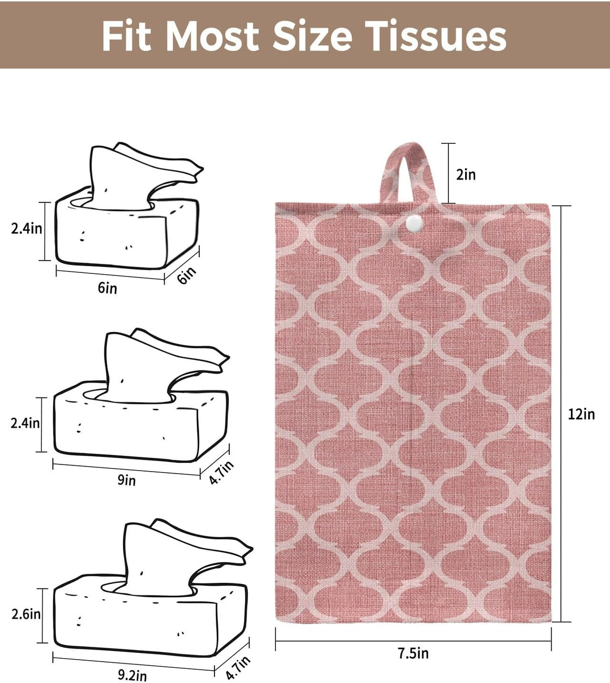 Tissues Box Cover Moroccan Texture Tissue Holder with Hanging Linen Organizer Dispenser Retro Peach Pink Linen Tissues Box Covers Rectangle for Bathroom Toilet Car Office Kitchen Tabletop Decor 2 PCS