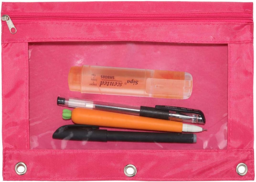 3-Ring Pen Pencil Pouch with Clear Window Stationery Bag Binder Case Classroom Organizers Pink