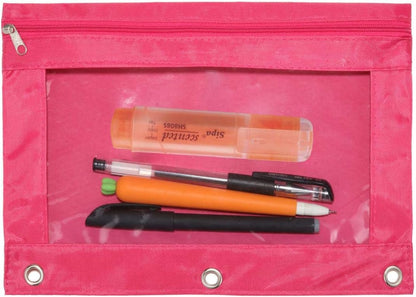 3-Ring Pen Pencil Pouch with Clear Window Stationery Bag Binder Case Classroom Organizers Pink