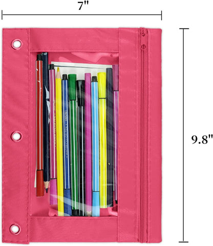 3-Ring Pen Pencil Pouch with Clear Window Stationery Bag Binder Case Classroom Organizers Pink