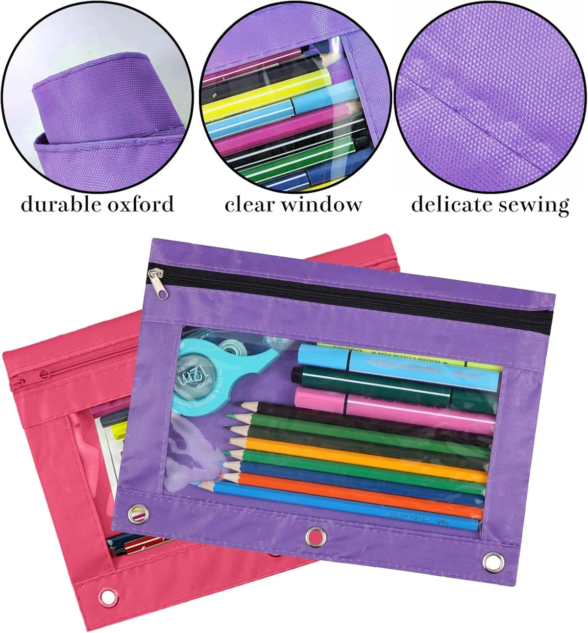 3-Ring Pen Pencil Pouch with Clear Window Stationery Bag Binder Case Classroom Organizers Pink