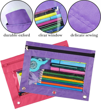 3-Ring Pen Pencil Pouch with Clear Window Stationery Bag Binder Case Classroom Organizers Pink