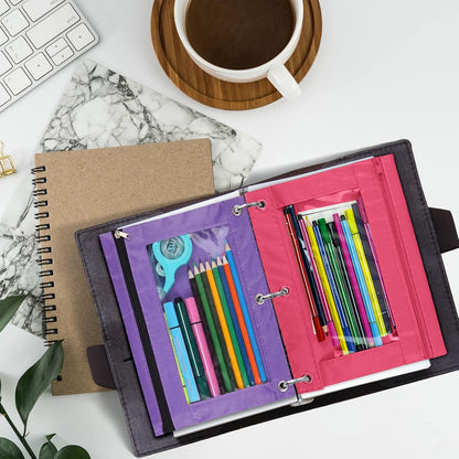 3-Ring Pen Pencil Pouch with Clear Window Stationery Bag Binder Case Classroom Organizers Pink