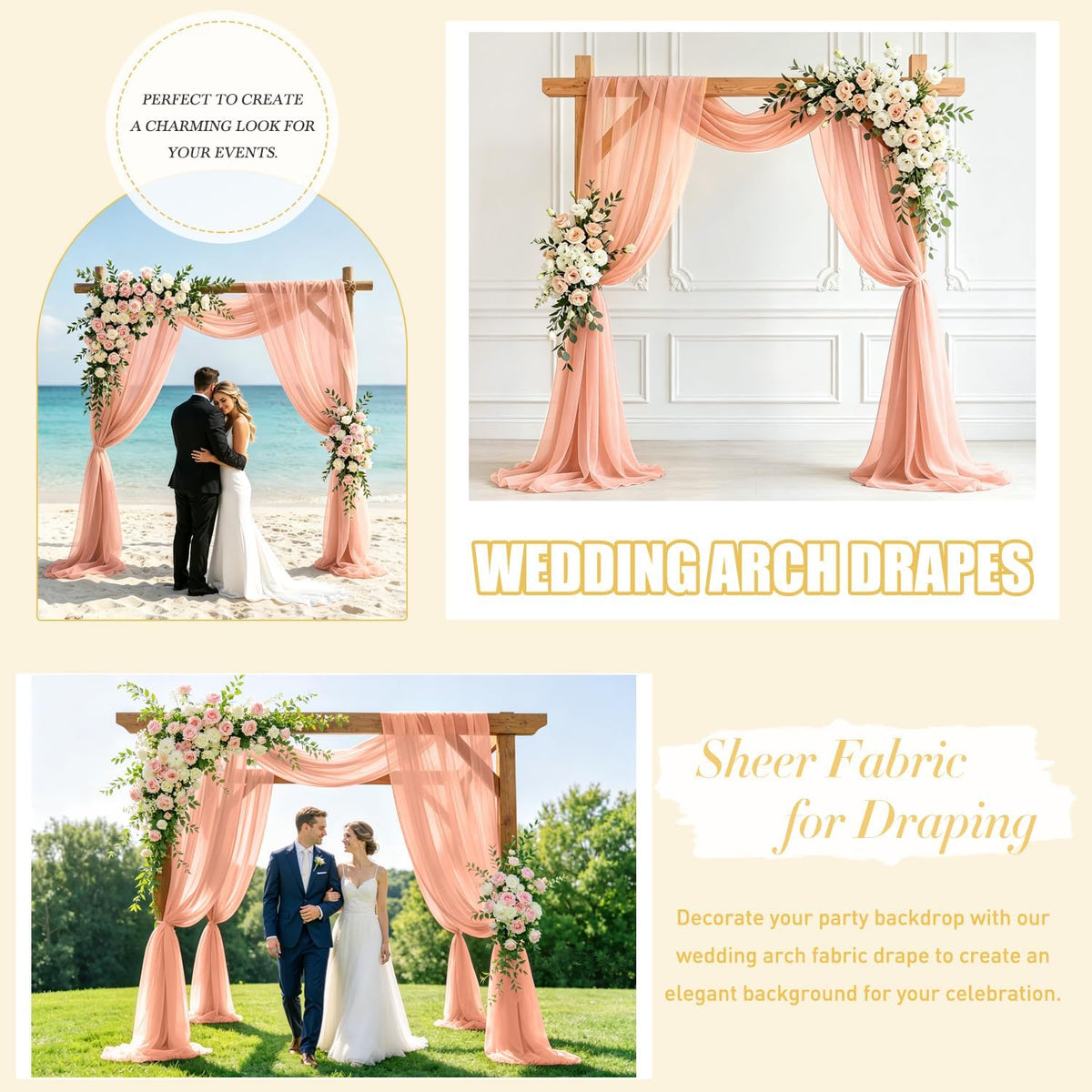 Wedding Arch Draping Fabric Peach Pink Chiffon Fabric Drapes 20FT 1 Panel Sheer Curtains Wedding Arch Backdrop for Party Ceiling Decorations Weddings Ceremony Drape Fabrics for Arbor Archs Decor