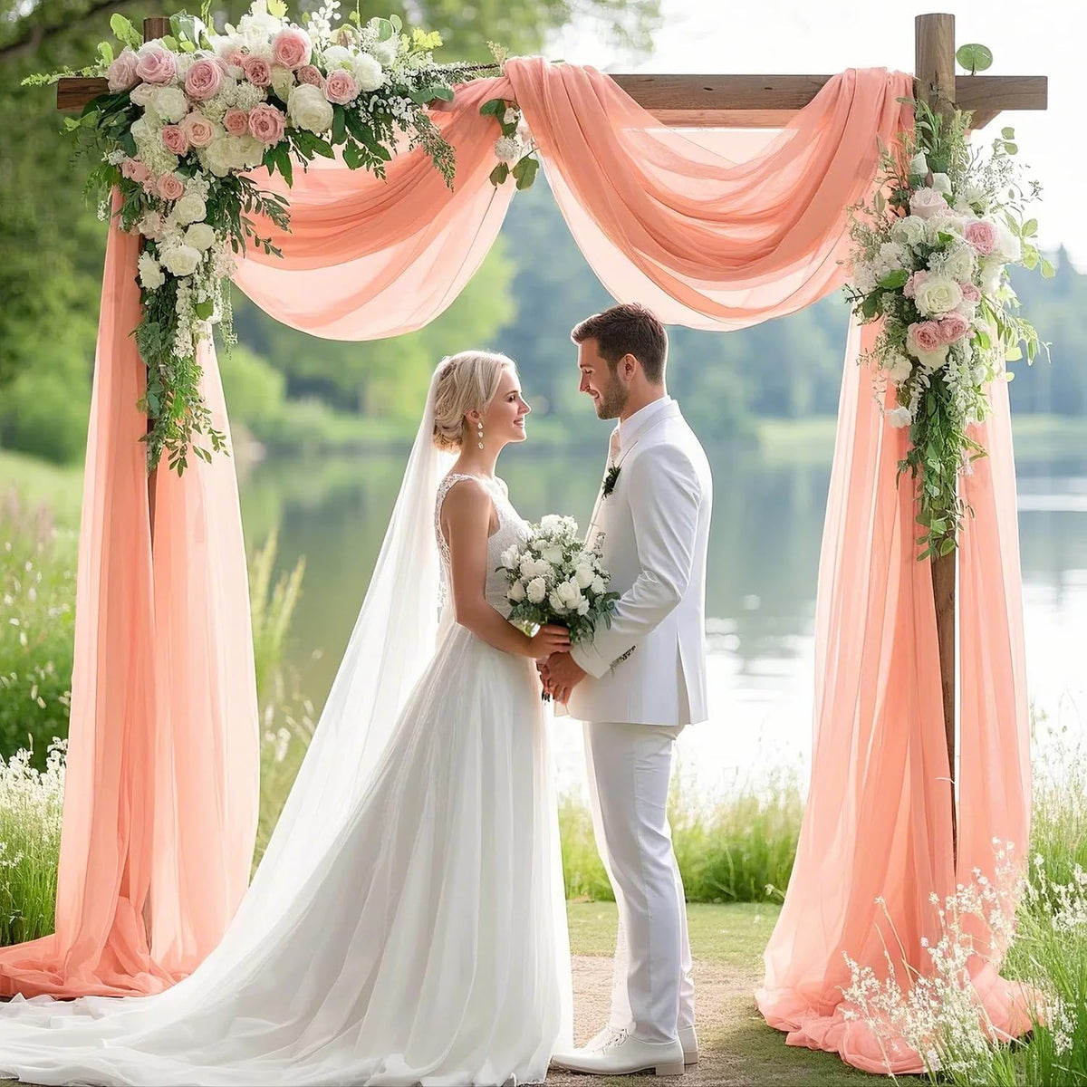 Wedding Arch Draping Fabric Peach Pink Chiffon Fabric Drapes 20FT 1 Panel Sheer Curtains Wedding Arch Backdrop for Party Ceiling Decorations Weddings Ceremony Drape Fabrics for Arbor Archs Decor