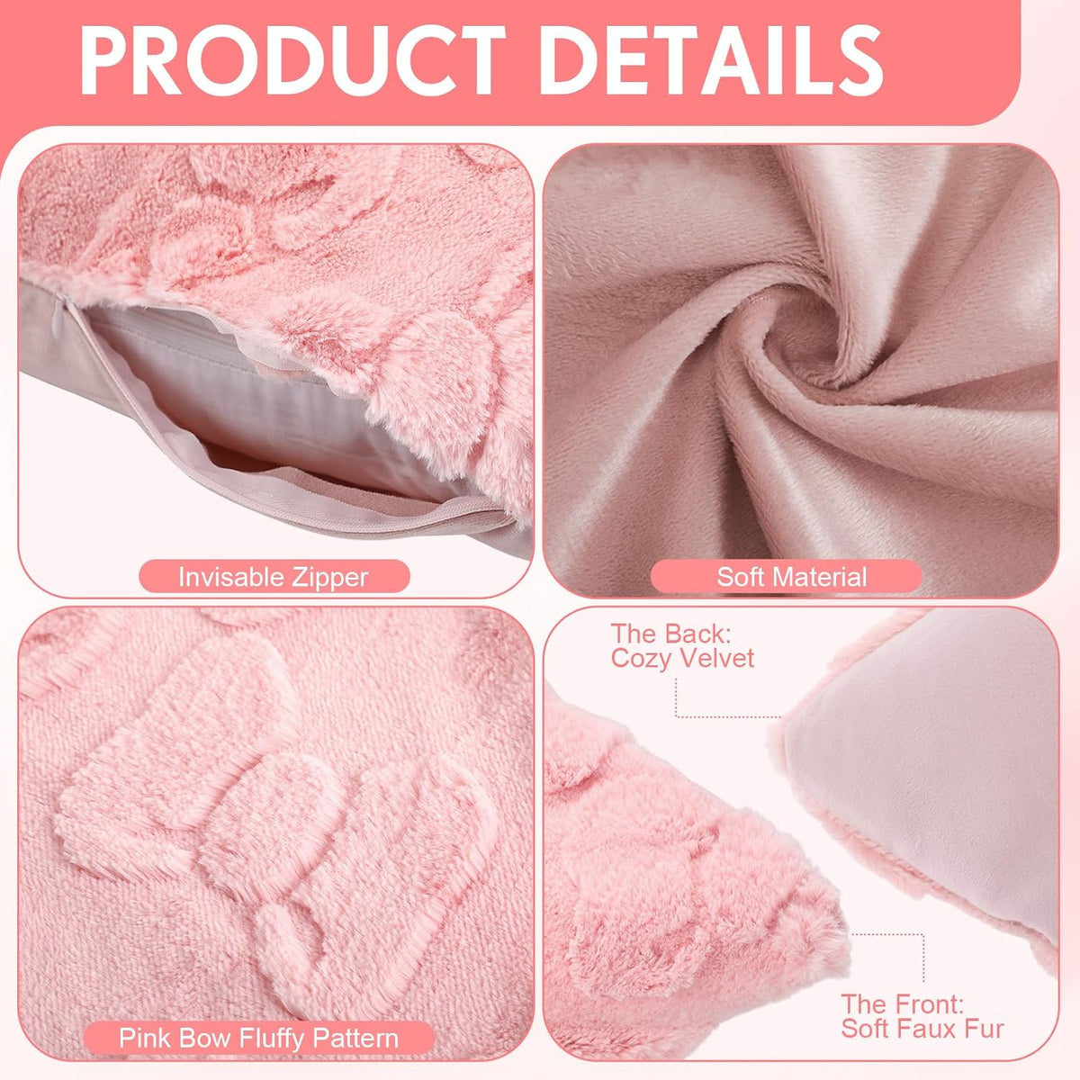 4 Pack Pink Bow Throw Pillow Covers 18 x 18 in Cute Velvet Bow Embroidered Cushion Cover Faux Fur Coquette Preppy Room Decor for Home Room Bedroom Sofa Couch Aesthetic Decorative Pillowcase