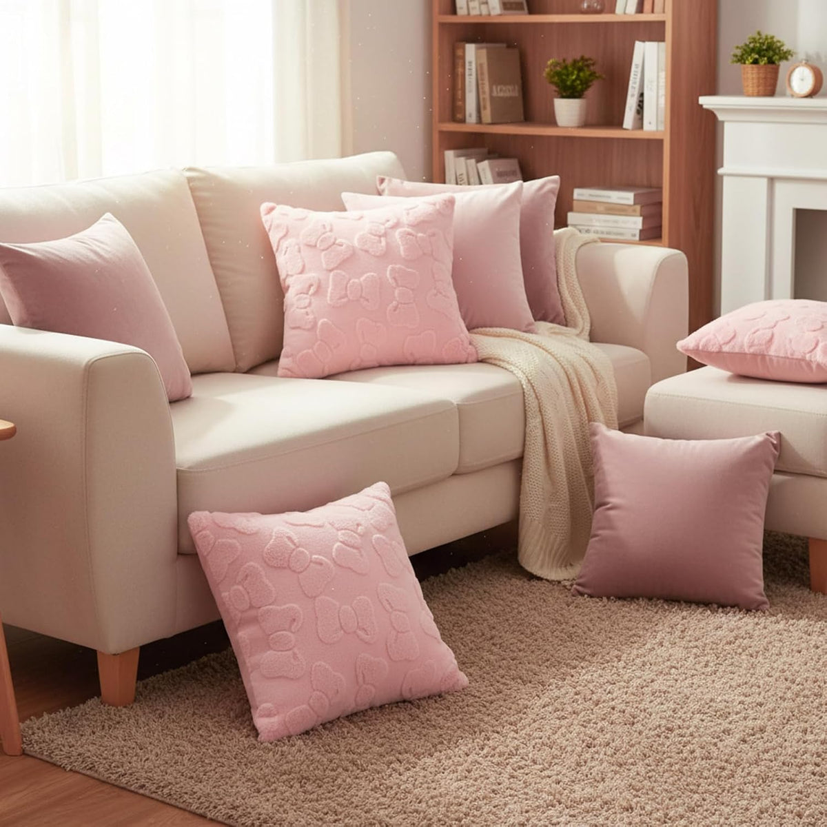 4 Pack Pink Bow Throw Pillow Covers 18 x 18 in Cute Velvet Bow Embroidered Cushion Cover Faux Fur Coquette Preppy Room Decor for Home Room Bedroom Sofa Couch Aesthetic Decorative Pillowcase