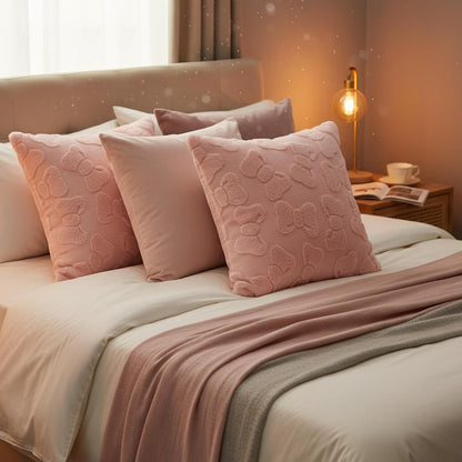 4 Pack Pink Bow Throw Pillow Covers 18 x 18 in Cute Velvet Bow Embroidered Cushion Cover Faux Fur Coquette Preppy Room Decor for Home Room Bedroom Sofa Couch Aesthetic Decorative Pillowcase