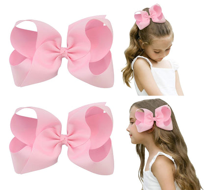 2 PCS 6" Big Hand-made Grosgrain Ribbon Solid Color Hair Bows Alligator Clips Hair Accessories for Little Teen Toddler Girls Kids Set of 2 -Light Pink