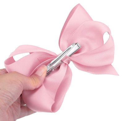 2 PCS 6" Big Hand-made Grosgrain Ribbon Solid Color Hair Bows Alligator Clips Hair Accessories for Little Teen Toddler Girls Kids Set of 2 -Light Pink