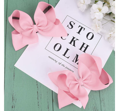 2 PCS 6" Big Hand-made Grosgrain Ribbon Solid Color Hair Bows Alligator Clips Hair Accessories for Little Teen Toddler Girls Kids Set of 2 -Light Pink