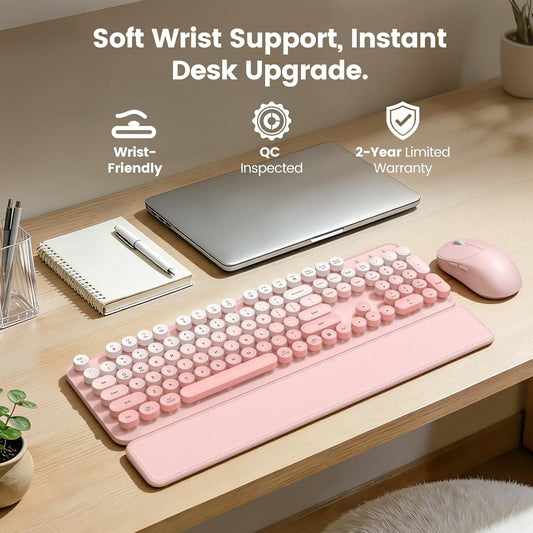 Wireless Keyboard and Mouse Combo, Magnetic Soft-Touch Wrist Rest, Pink