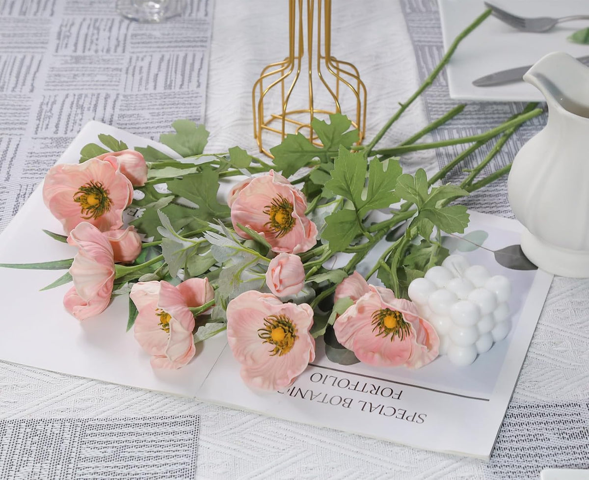 6pcs Pink Artificial Poppy Flowers Real Touch Faux Poppy Flowers Fake Poppies with Stems for Floral Arrangements Home Wedding Dining Table Party Garden Decoration(Pink)