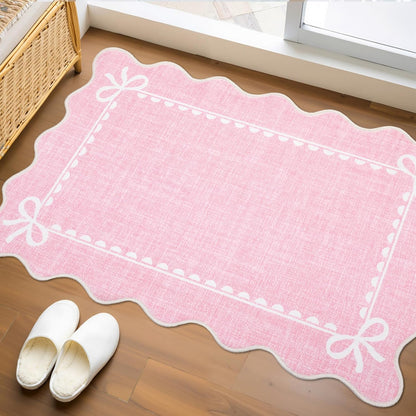 Scalloped Entryway Rug 2x3 Washable Front Door Bow Rug, Pink