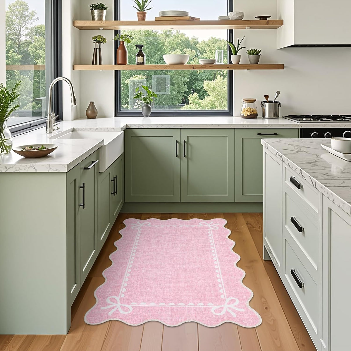 Scalloped Entryway Rug 2x3 Washable Front Door Bow Rug, Pink