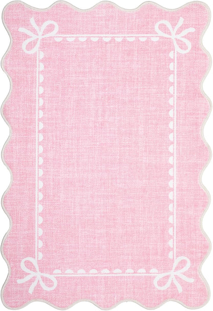 Scalloped Entryway Rug 2x3 Washable Front Door Bow Rug, Pink