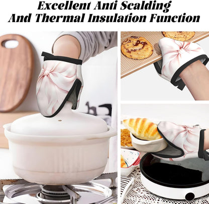 Light Pink Bow Mini Oven Mitts Non-Slip Silicone Grips Heat Resistant Kitchen Gloves for Cooking & Baking 5.9"x5.9"