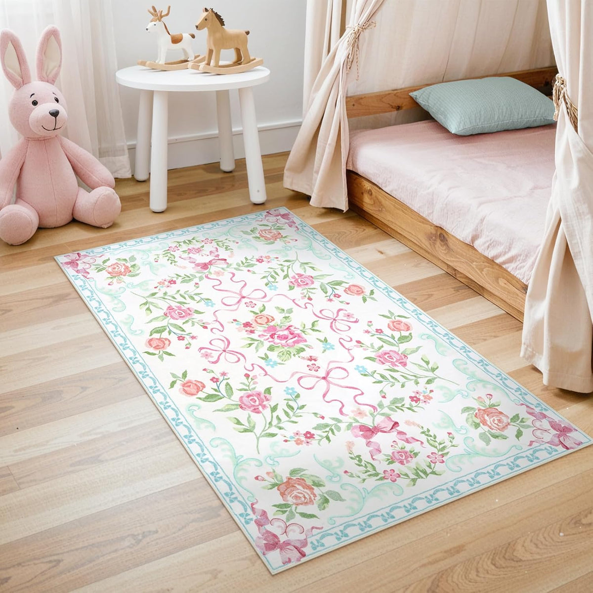3x5 Pink Blue Floral and Bow Washable Area Rug for Girls Bedroom