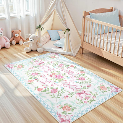 3x5 Pink Blue Floral and Bow Washable Area Rug for Girls Bedroom