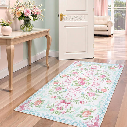 3x5 Pink Blue Floral and Bow Washable Area Rug for Girls Bedroom