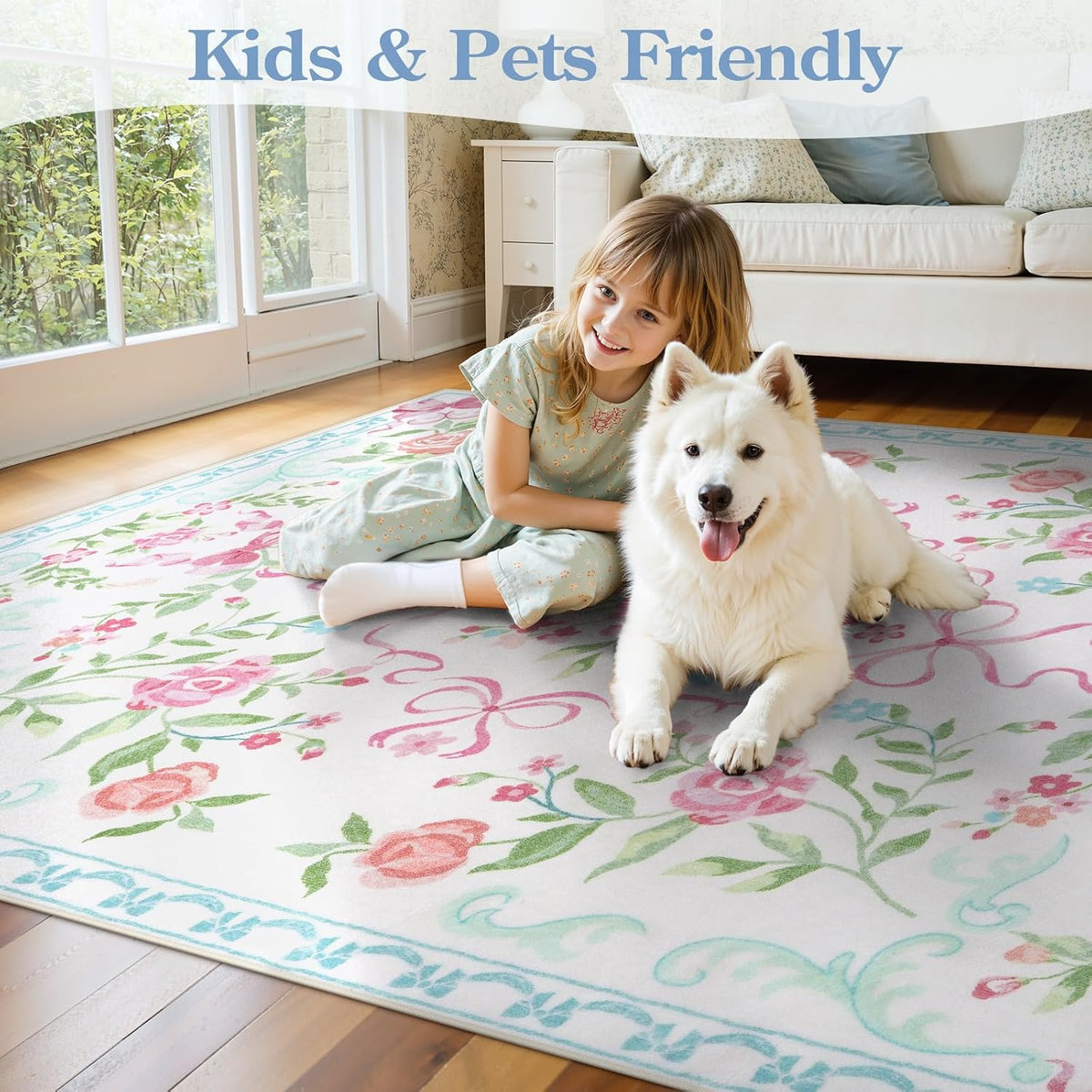 3x5 Pink Blue Floral and Bow Washable Area Rug for Girls Bedroom