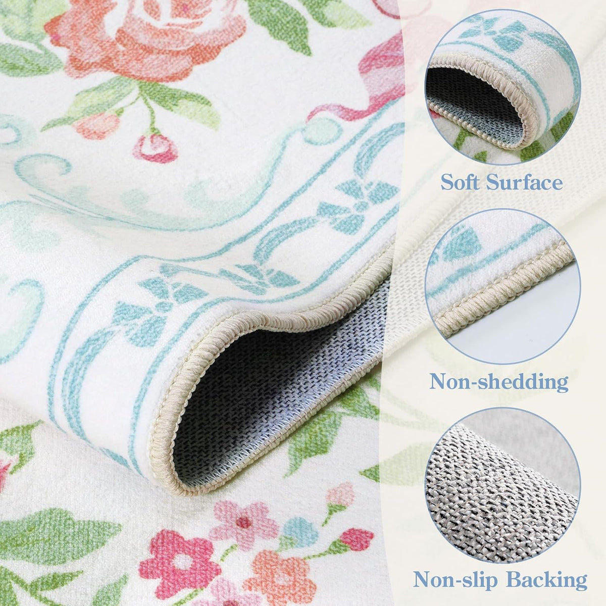3x5 Pink Blue Floral and Bow Washable Area Rug for Girls Bedroom
