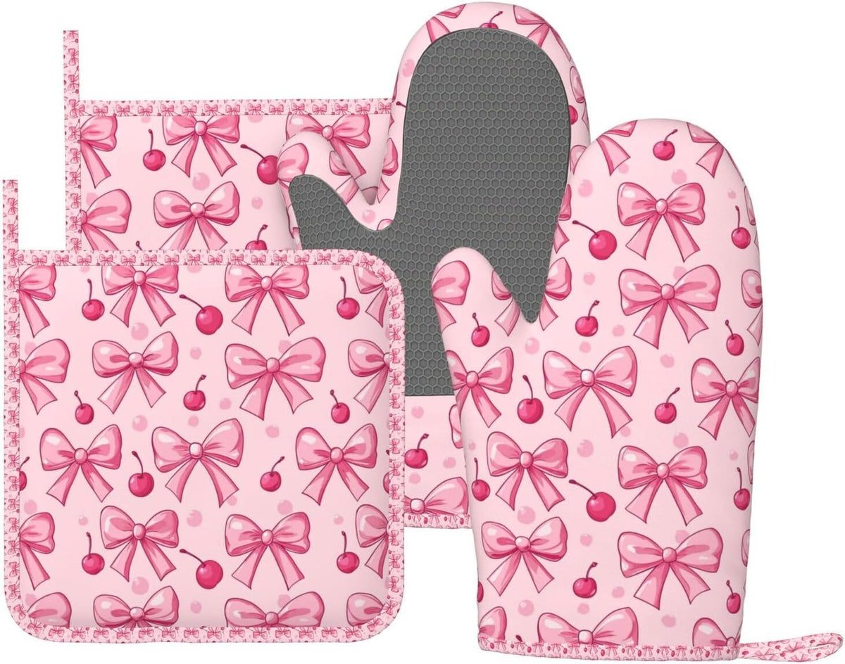 Oven Mitts Pot Holders Set Pink Bows Cherry Silicone Kitchen Gloves Potholders Heat Resistant for Chef Baking Cooking Grilling BBQ 4 Pack Mitt