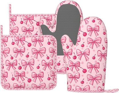 Oven Mitts Pot Holders Set Pink Bows Cherry Silicone Kitchen Gloves Potholders Heat Resistant for Chef Baking Cooking Grilling BBQ 4 Pack Mitt