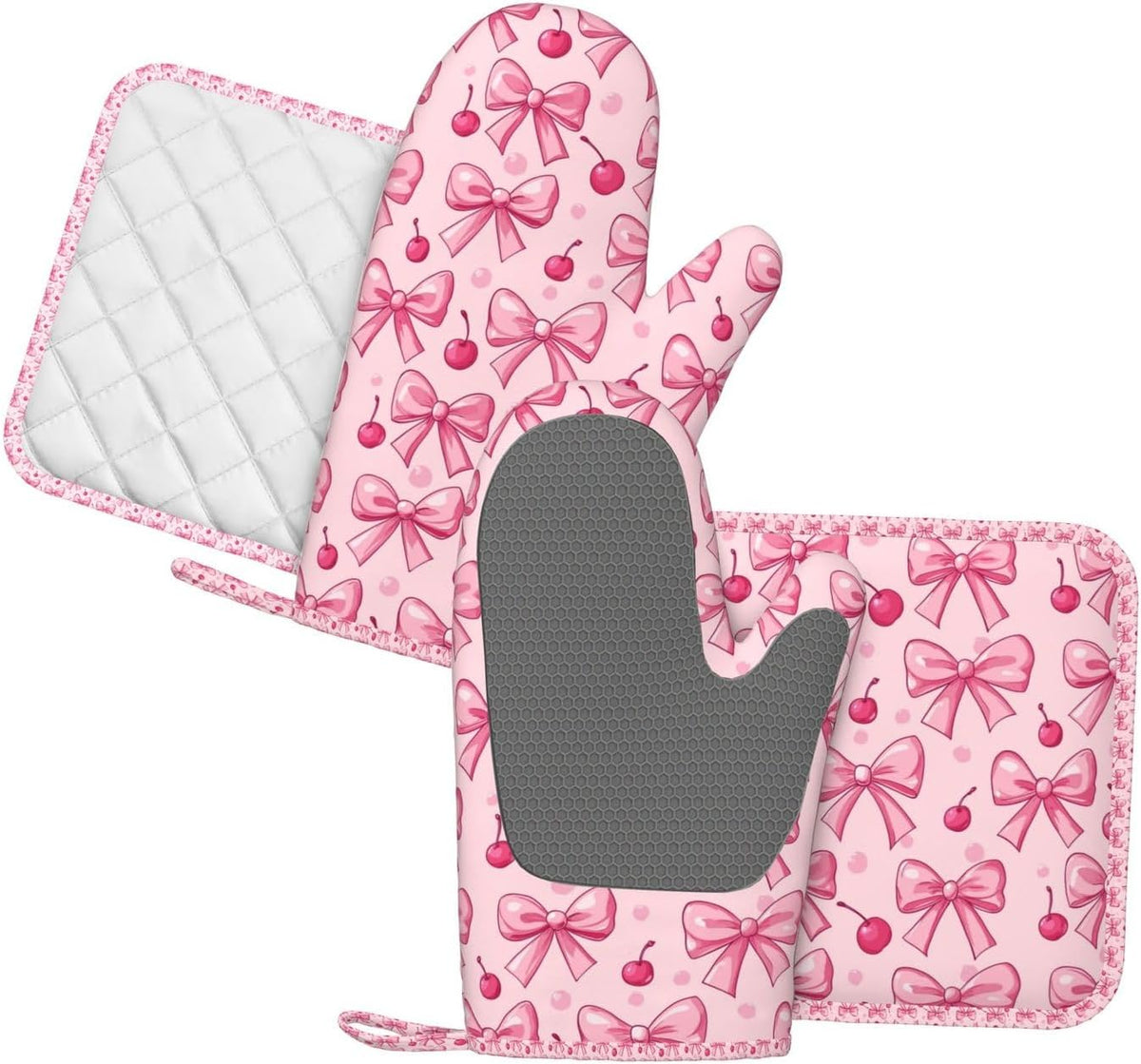 Oven Mitts Pot Holders Set Pink Bows Cherry Silicone Kitchen Gloves Potholders Heat Resistant for Chef Baking Cooking Grilling BBQ 4 Pack Mitt