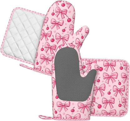Oven Mitts Pot Holders Set Pink Bows Cherry Silicone Kitchen Gloves Potholders Heat Resistant for Chef Baking Cooking Grilling BBQ 4 Pack Mitt