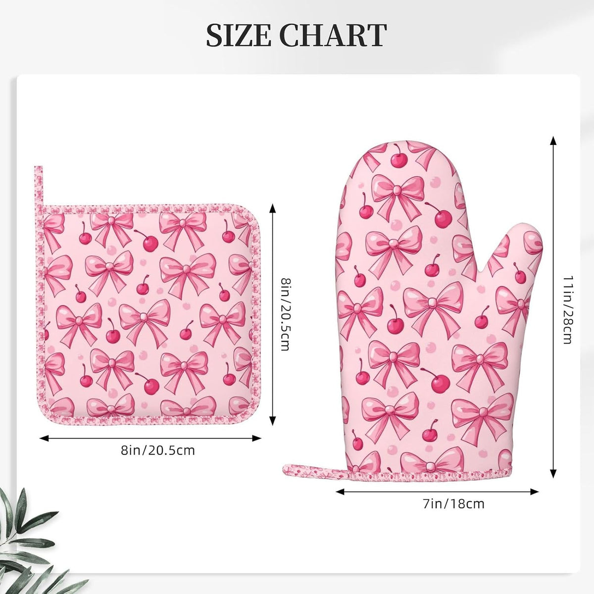 Oven Mitts Pot Holders Set Pink Bows Cherry Silicone Kitchen Gloves Potholders Heat Resistant for Chef Baking Cooking Grilling BBQ 4 Pack Mitt