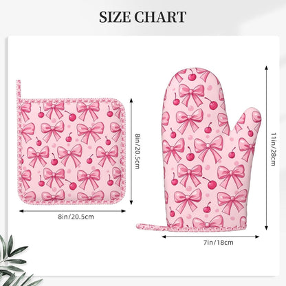 Oven Mitts Pot Holders Set Pink Bows Cherry Silicone Kitchen Gloves Potholders Heat Resistant for Chef Baking Cooking Grilling BBQ 4 Pack Mitt