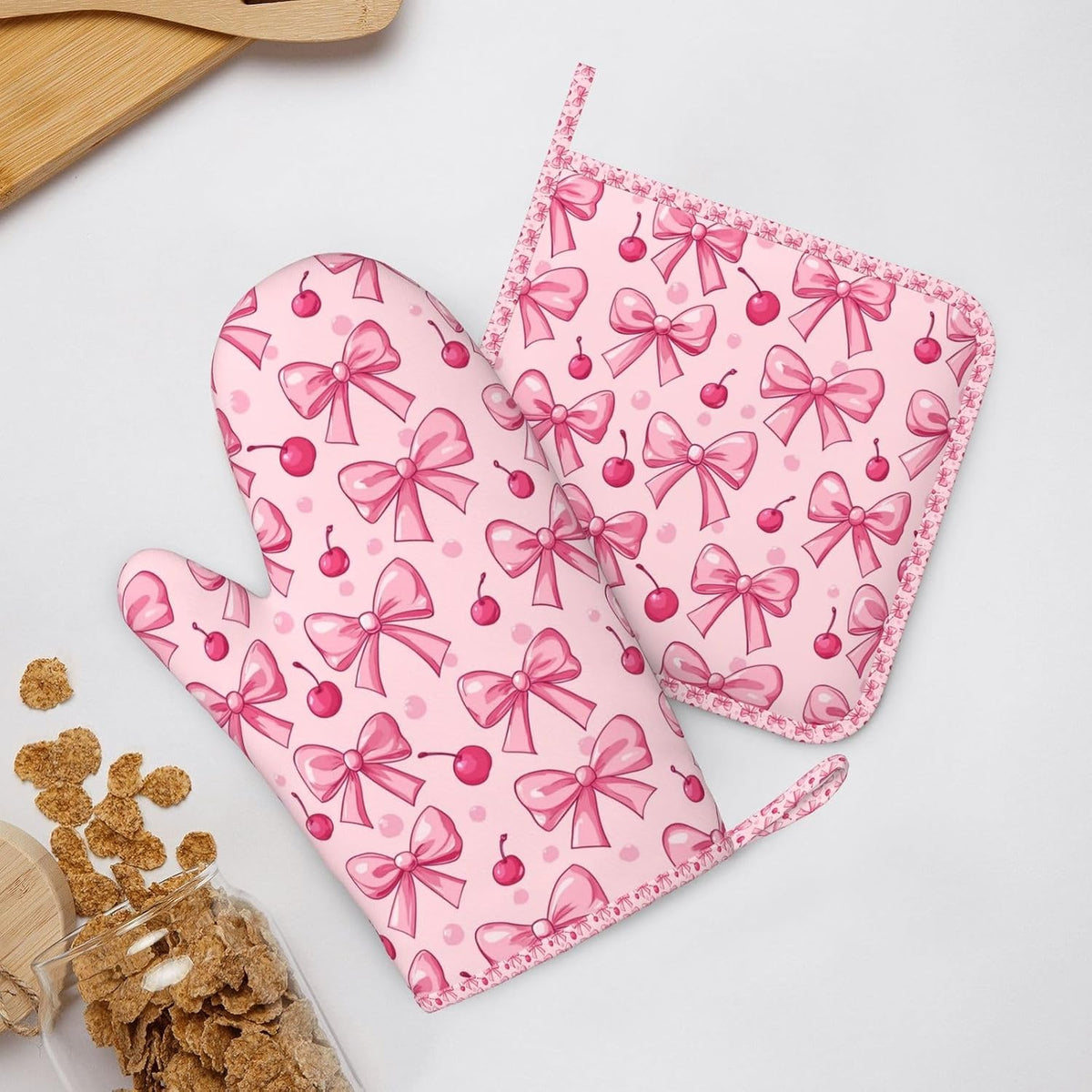 Oven Mitts Pot Holders Set Pink Bows Cherry Silicone Kitchen Gloves Potholders Heat Resistant for Chef Baking Cooking Grilling BBQ 4 Pack Mitt