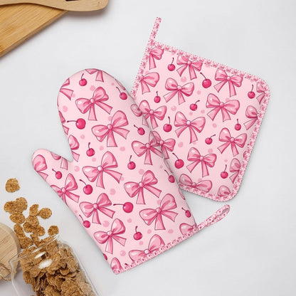 Oven Mitts Pot Holders Set Pink Bows Cherry Silicone Kitchen Gloves Potholders Heat Resistant for Chef Baking Cooking Grilling BBQ 4 Pack Mitt