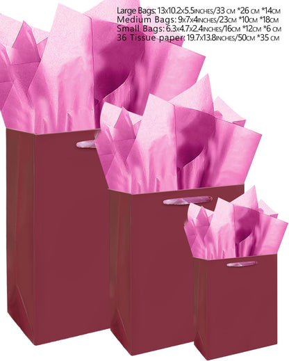 qiqee Peachy-Pink Gift Bags with Tissue Paper Mulit Assorted Sizes 10PCS Present Birthday Bags(2pcs Large 13", 4pcs Medium 9", 4pcs Small 6",Tissue Paper)