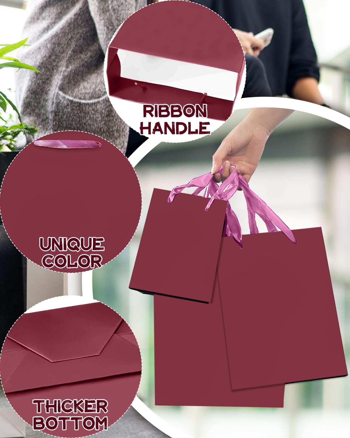 qiqee Peachy-Pink Gift Bags with Tissue Paper Mulit Assorted Sizes 10PCS Present Birthday Bags(2pcs Large 13", 4pcs Medium 9", 4pcs Small 6",Tissue Paper)