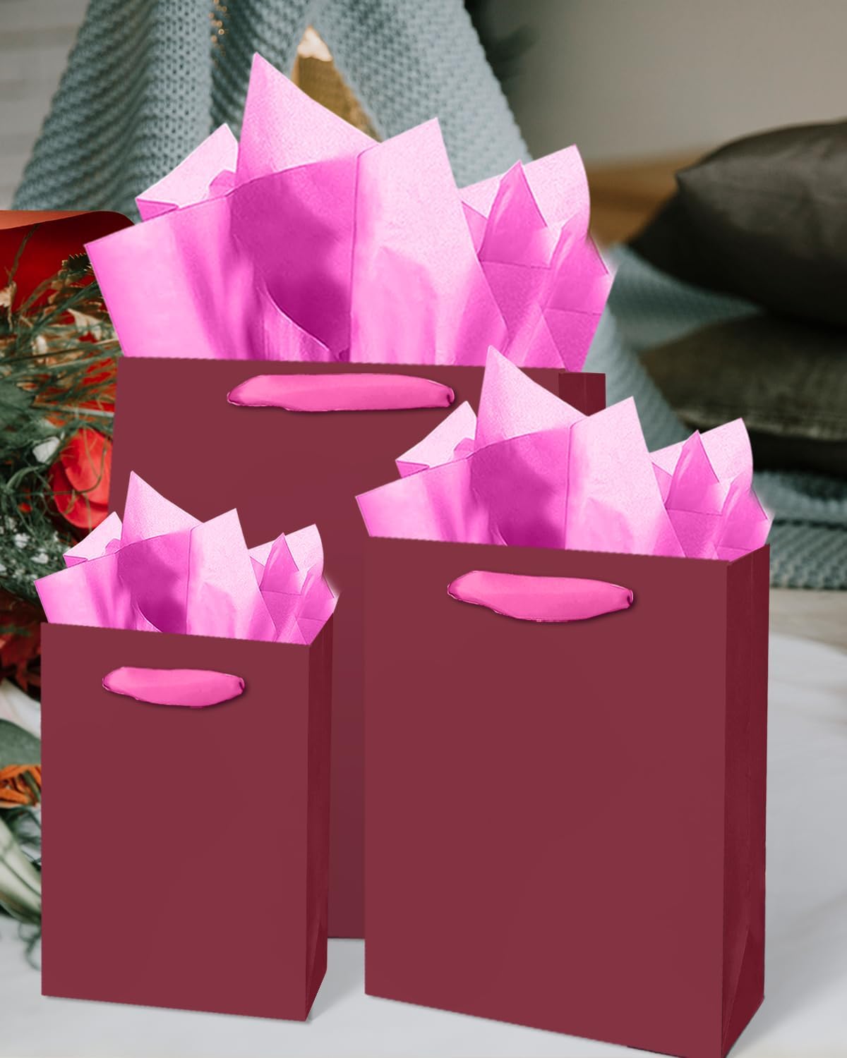 qiqee Peachy-Pink Gift Bags with Tissue Paper Mulit Assorted Sizes 10PCS Present Birthday Bags(2pcs Large 13", 4pcs Medium 9", 4pcs Small 6",Tissue Paper)