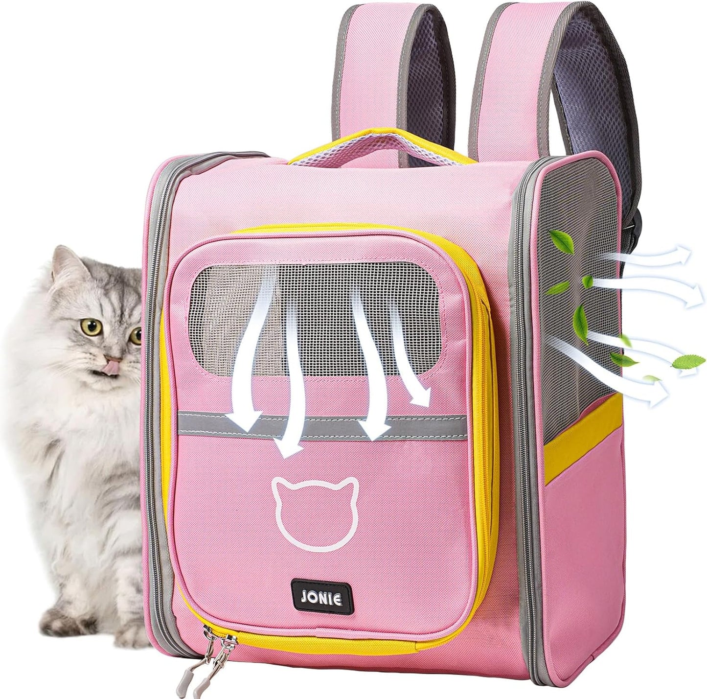 Cat Backpack Carrier for Dogs and Cats Kittens Rabbits, Foldable Mesh, Cat Carrier Backpack 15 Lbs, Pet Backpack Carrier for Walking, Camping and Cycling (Pink)