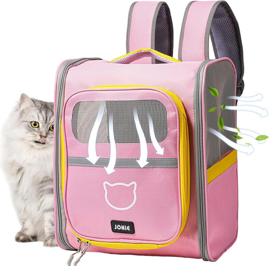 Cat Backpack Carrier for Dogs and Cats Kittens Rabbits, Foldable Mesh, Cat Carrier Backpack 15 Lbs, Pet Backpack Carrier for Walking, Camping and Cycling (Pink)