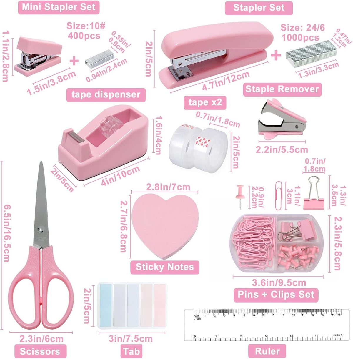 Pink Office Supplies Set, 11-Piece Stationery Kit for School, Home & Office