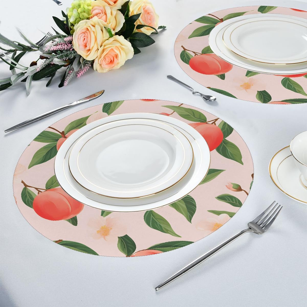 Round Placemats Set of 4, Pink Peach Fruit Heat Resistant Washable Place Mats Table Mat for Kitchen Dining Party