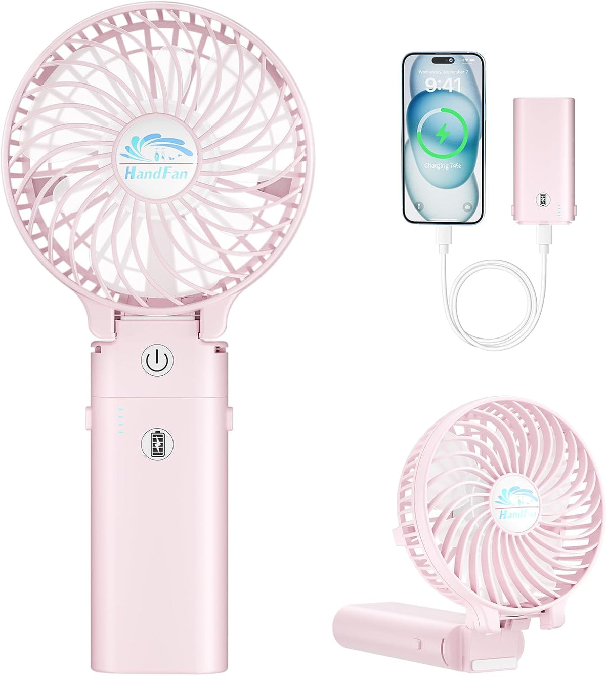 5200mAh Handheld Fan Rechargeable, 20H Runtime , 3 Speeds Strong Airflow, Personal 180° Foldable Portable Fans for Travel/Summer/Concerts/Lash/Commute, Gifts for Women (Cherry Pink)