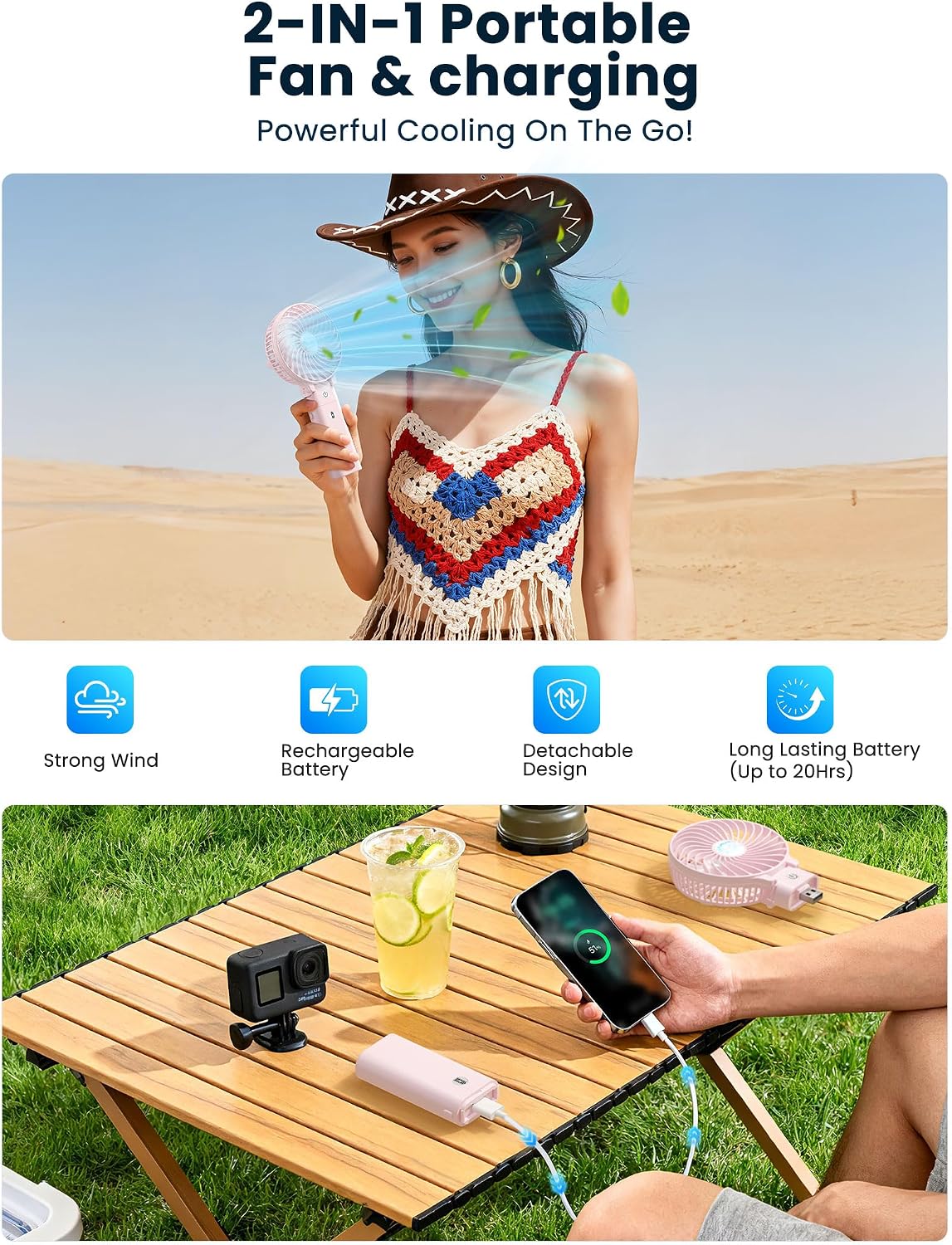 5200mAh Handheld Fan Rechargeable, 20H Runtime , 3 Speeds Strong Airflow, Personal 180° Foldable Portable Fans for Travel/Summer/Concerts/Lash/Commute, Gifts for Women (Cherry Pink)