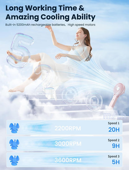 5200mAh Handheld Fan Rechargeable, 20H Runtime , 3 Speeds Strong Airflow, Personal 180° Foldable Portable Fans for Travel/Summer/Concerts/Lash/Commute, Gifts for Women (Cherry Pink)
