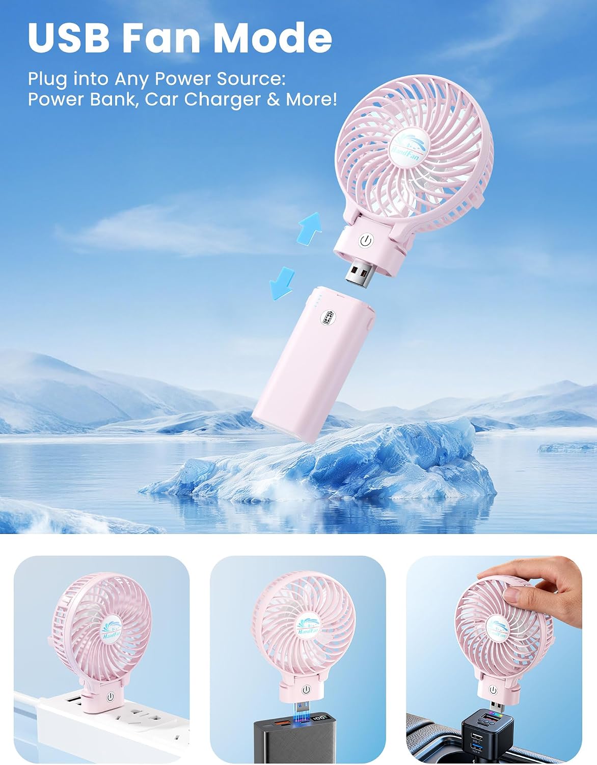 5200mAh Handheld Fan Rechargeable, 20H Runtime , 3 Speeds Strong Airflow, Personal 180° Foldable Portable Fans for Travel/Summer/Concerts/Lash/Commute, Gifts for Women (Cherry Pink)
