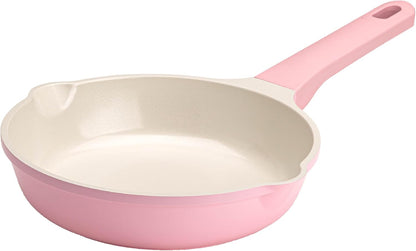 Paris Hilton Ceramic Cast Aluminum Nonstick Fry Pan, Fast & Even Heating with Easy Pour Spouts & Comfort-Grip Handle, 8-Inch, Pink
